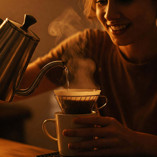 A woman pours hot water over coffee grounds, showcasing brewing techniques for a stronger cup of coffee.