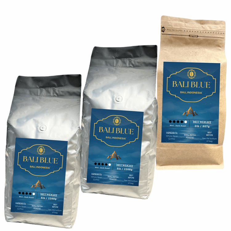 Three bags of Bali Blue Coffee showcasing the unique packaging and branding of this organic Balinese coffee.