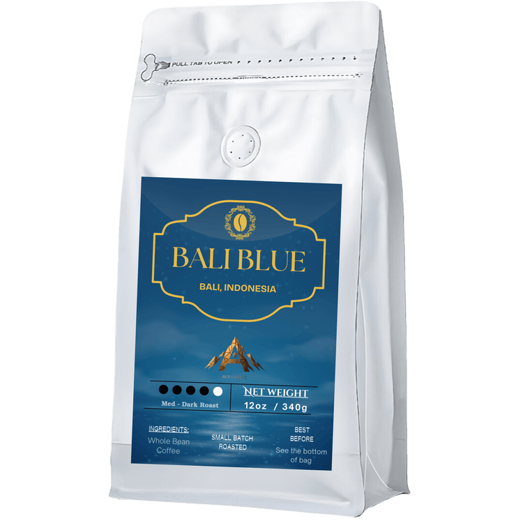 Bali Blue coffee bag, 12oz, medium-dark roast, organic Balinese coffee with unique flavor notes.