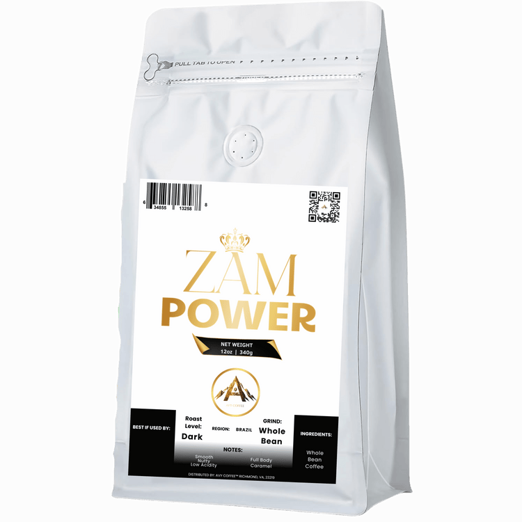 Zam Power Fazenda Mayara Dark Roast coffee whole bean bag, 12oz, dark roast with rich flavors.