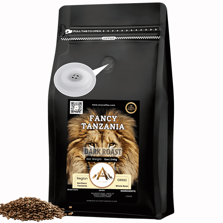Gourmet Tanzanian coffee packaging featuring Fancy Tanzania Dark Roast with lion logo and coffee beans.