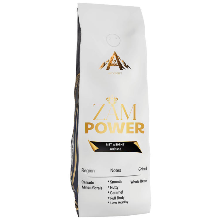 Zam Power Fazenda Mayara Dark Roast coffee packaging showcasing smooth, nutty flavor profile and full-bodied experience.