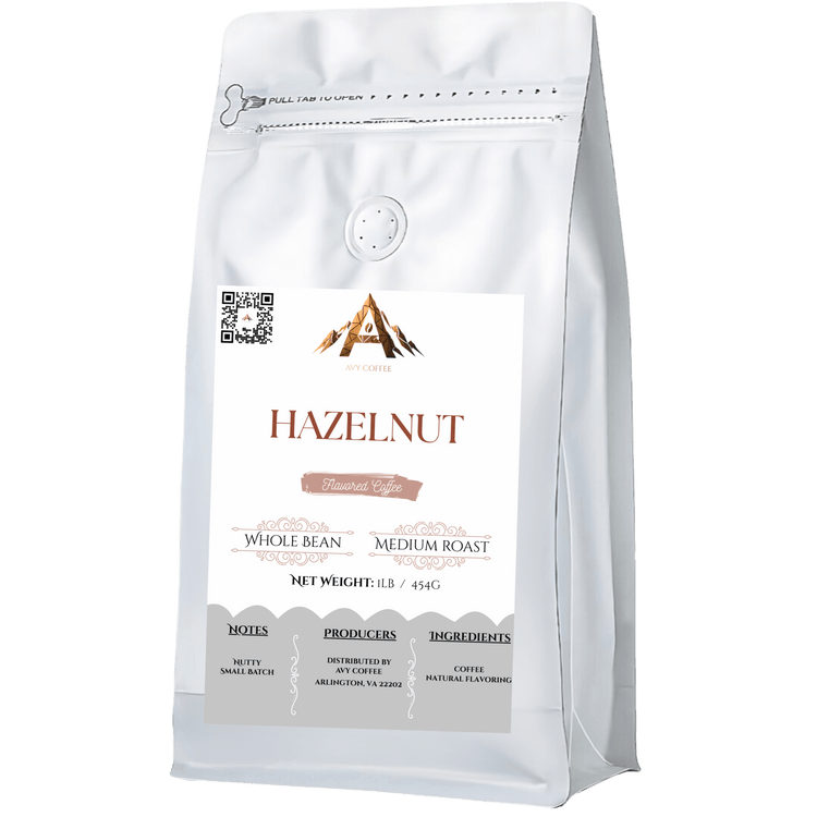Hazelnut Delight coffee bag featuring Brazilian whole beans, medium roast, and rich hazelnut flavor.