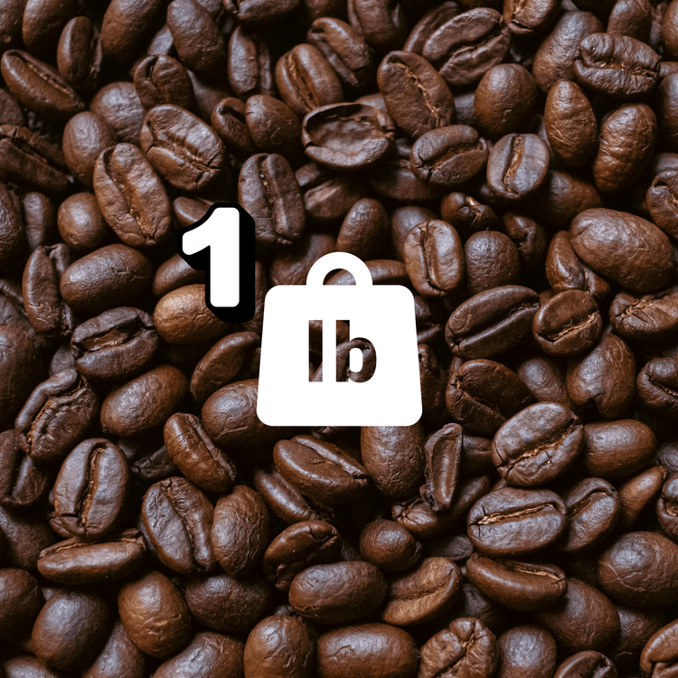 1 lb of bold coffee for daily confidence, surrounded by dark roasted coffee beans.