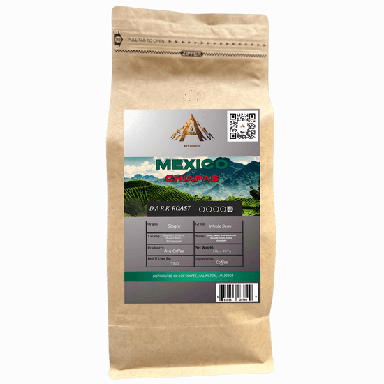 Packaging of Mexico Chiapas organic coffee, featuring dark roast and vibrant highland imagery.