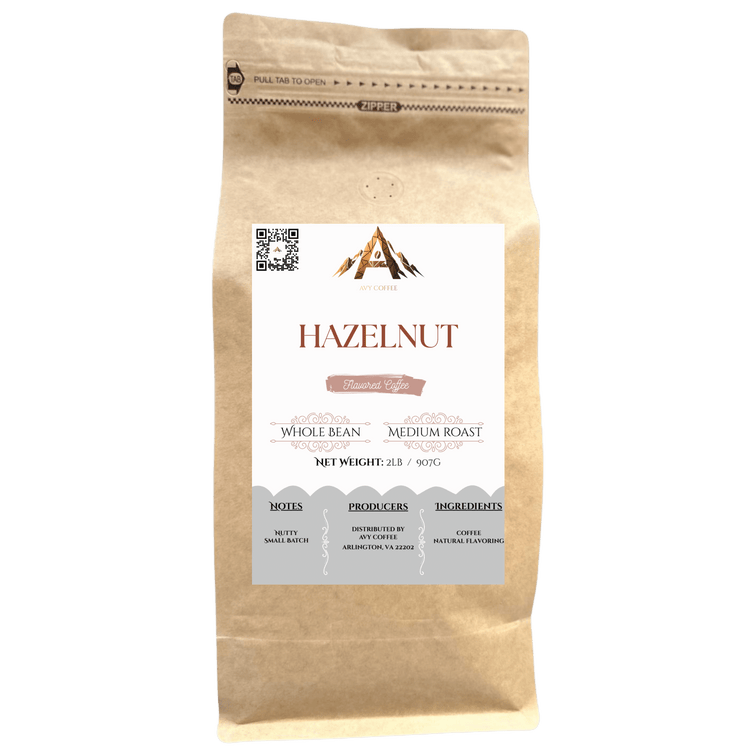 Hazelnut Delight whole bean coffee bag featuring premium Brazilian hazelnut flavor and medium roast profile.