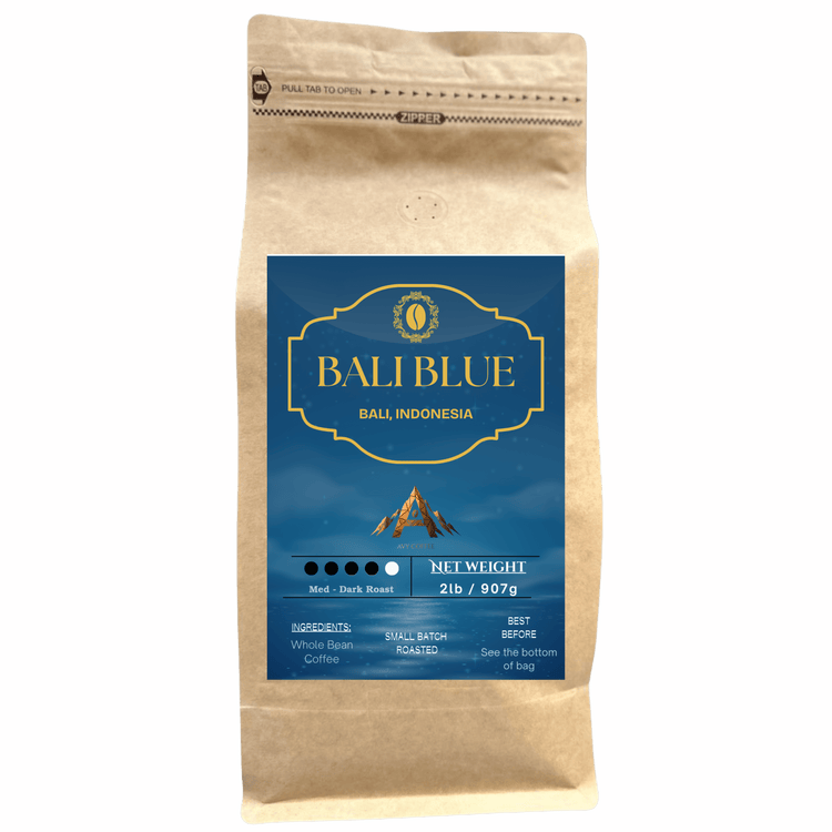 Bali Blue Coffee packaging featuring medium-dark roasted organic coffee from Bali, Indonesia with rich volcanic soil origins.