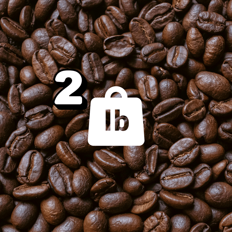 2 lb of bold coffee for daily confidence surrounded by roasted coffee beans.