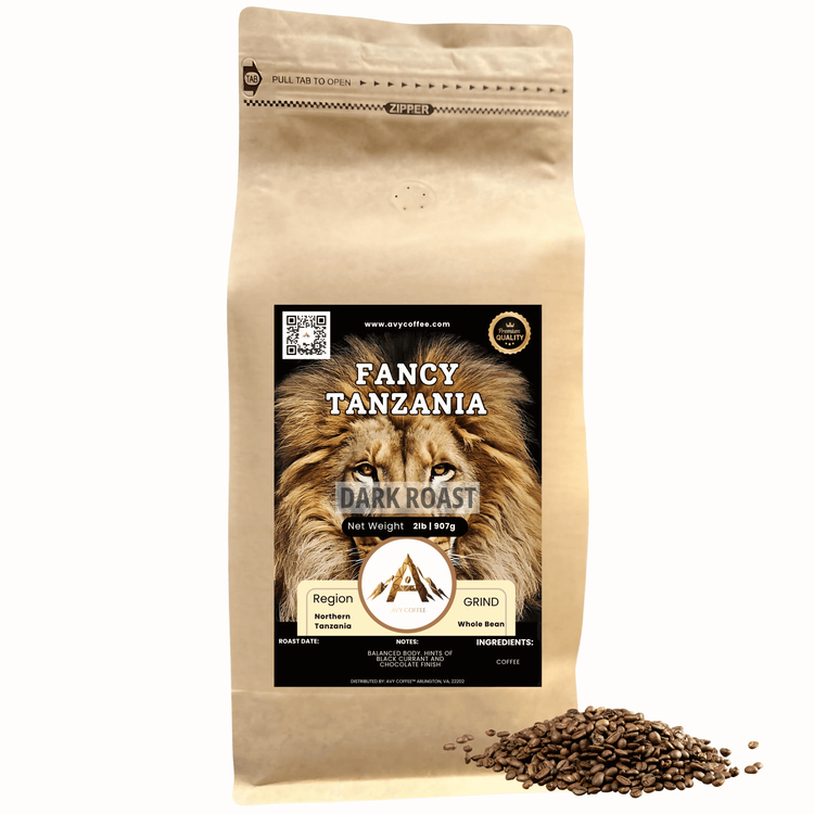 Gourmet Tanzanian coffee in a stylish bag featuring Fancy Tanzania Dark Roast, highlighting its origin and quality.