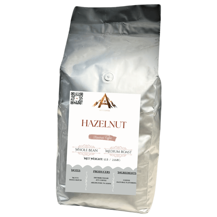 Premium Hazelnut whole bean coffee bag, medium roast, featuring rich Brazilian flavor and delightful hazelnut notes.