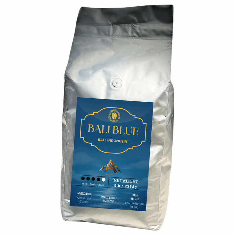 Bali Blue Coffee packaging showcasing medium-dark roast and rich flavors from Kintamani, Bali.