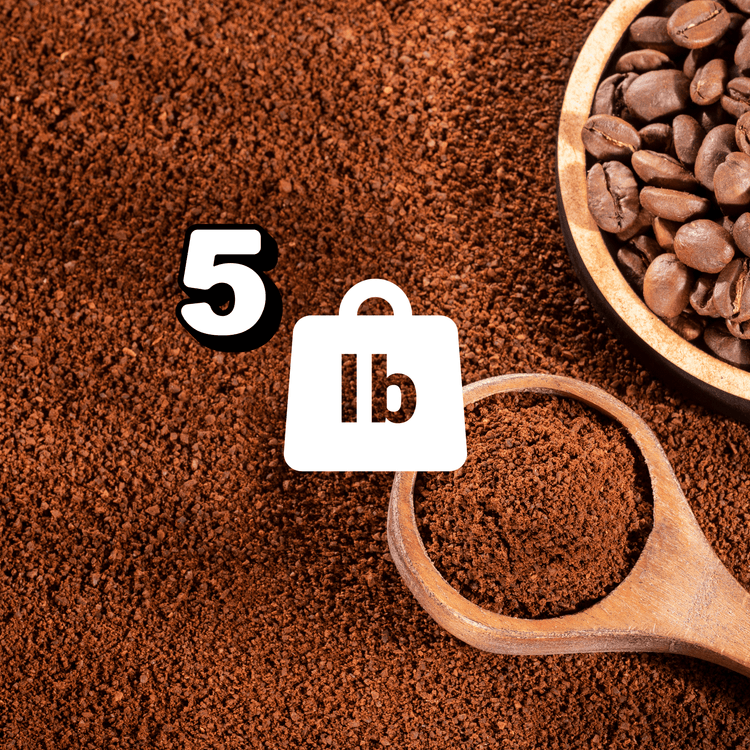 Ground coffee with coffee beans, highlighting a 5 lb package weight for bold coffee for daily confidence.