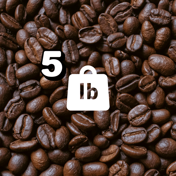 5 lb pack of bold coffee for daily confidence, surrounded by roasted coffee beans.