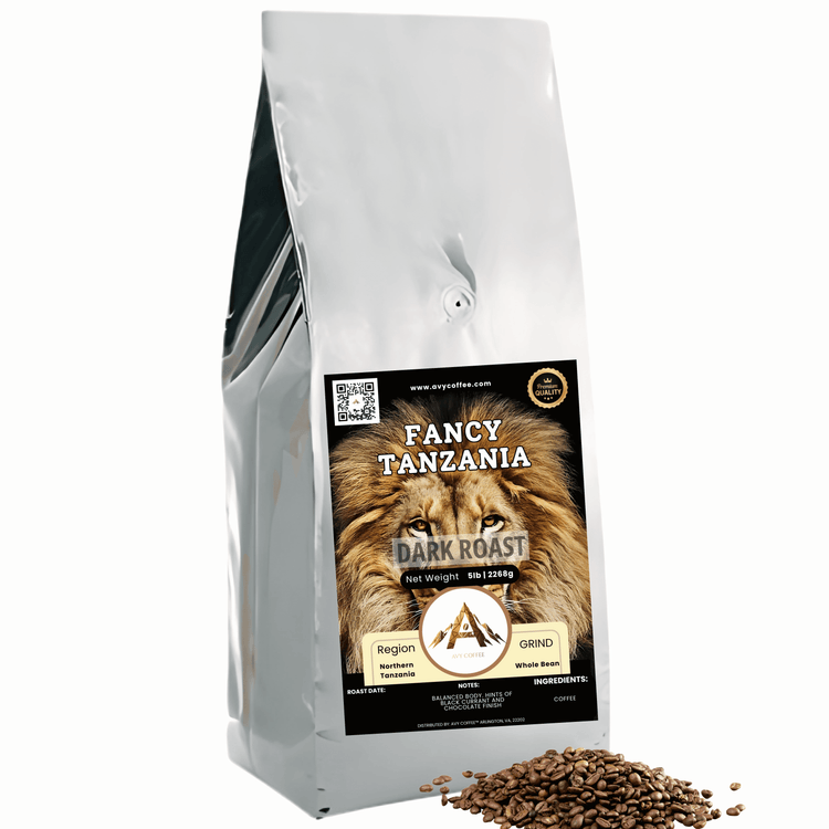 Gourmet Tanzanian coffee package featuring Fancy Tanzania Dark Roast with a lion graphic.