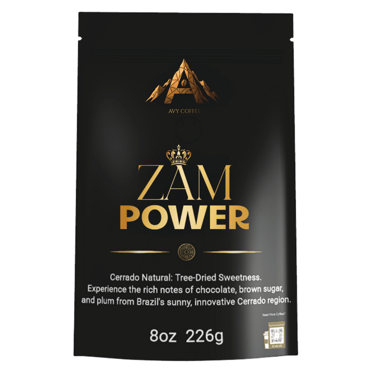 Zam Power - Fazenda Mayara Dark Roast coffee packaging featuring tree-dried sweetness and chocolate notes.