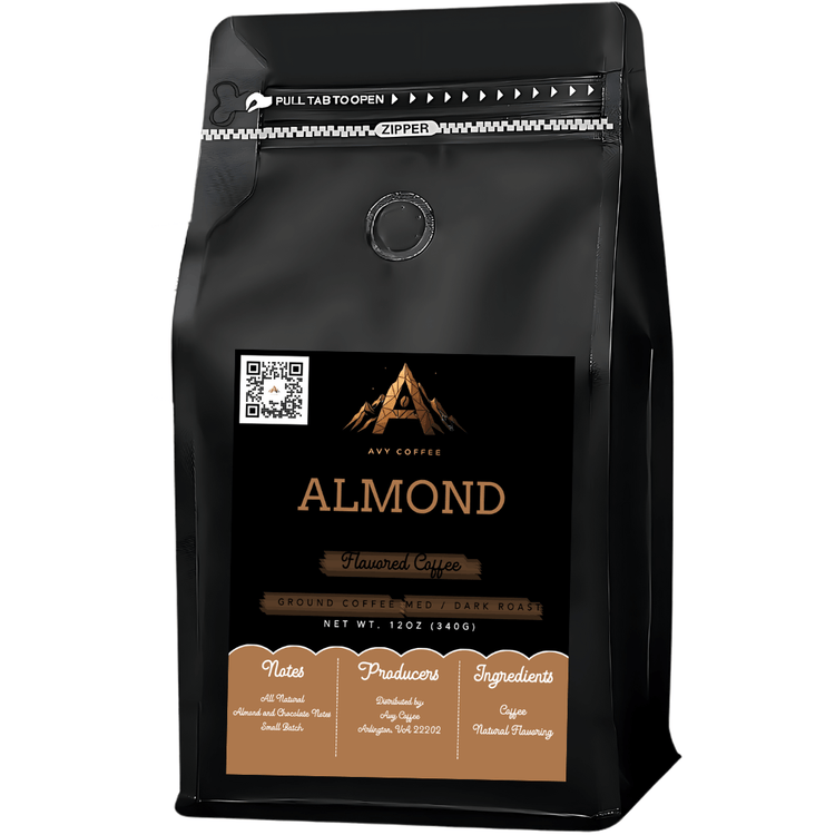 Almond flavored coffee bag with dark roast, featuring premium quality Arabica beans and natural almond flavoring.