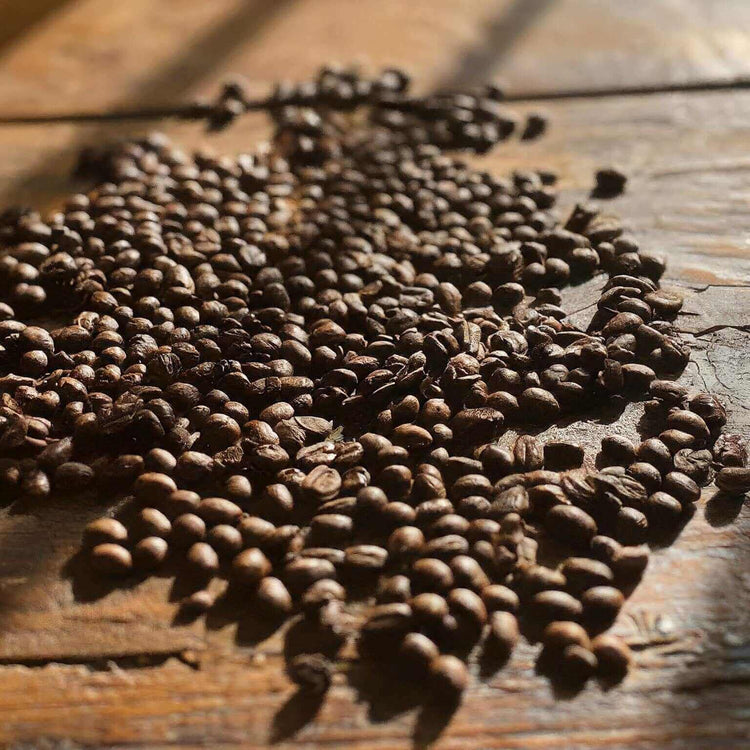 Brazil Pearl coffee beans scattered on a wooden surface, showcasing their bold and nutty characteristics.