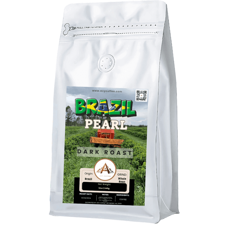 Brazil Pearl dark roast coffee bag featuring bold, nutty flavors with a smooth finish, highlighting Brazilian origin.