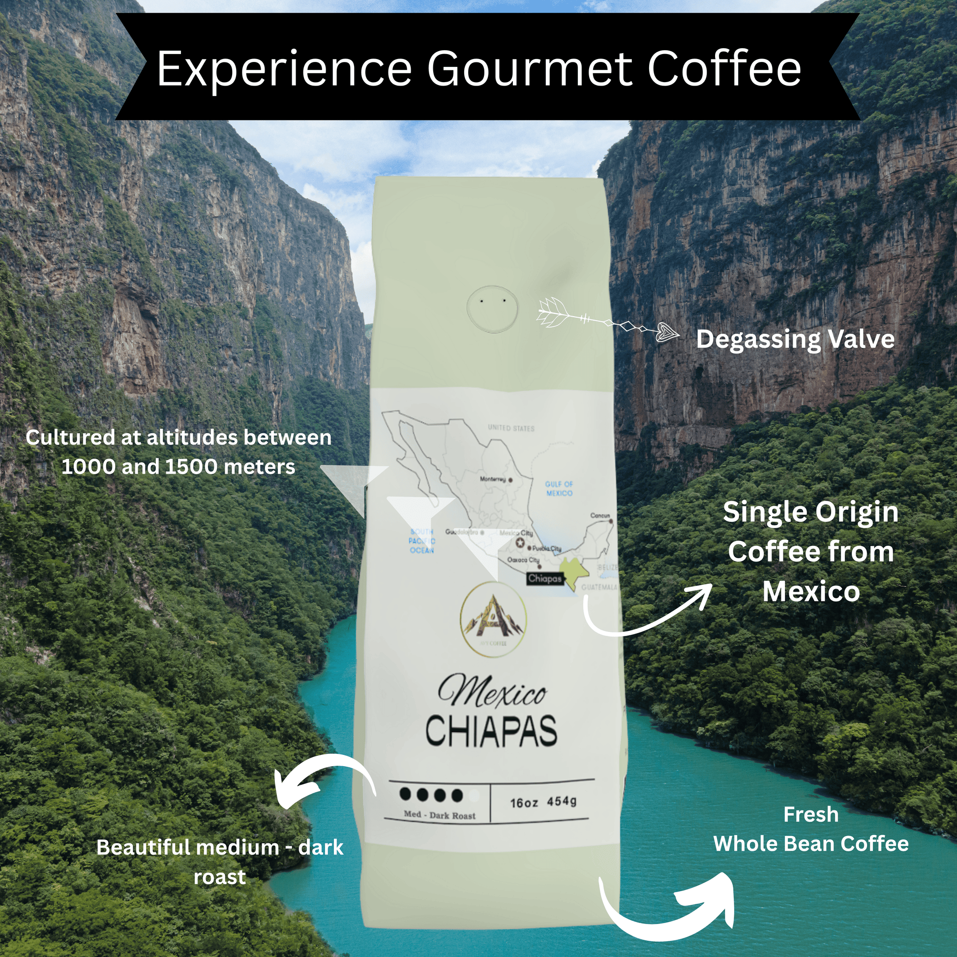 Mexico Chiapas gourmet coffee bag featuring dark roast and notes of nutty sweetness against a scenic backdrop.