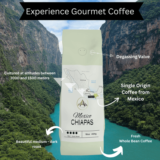 Mexico Chiapas gourmet coffee bag featuring dark roast and notes of nutty sweetness against a scenic backdrop.