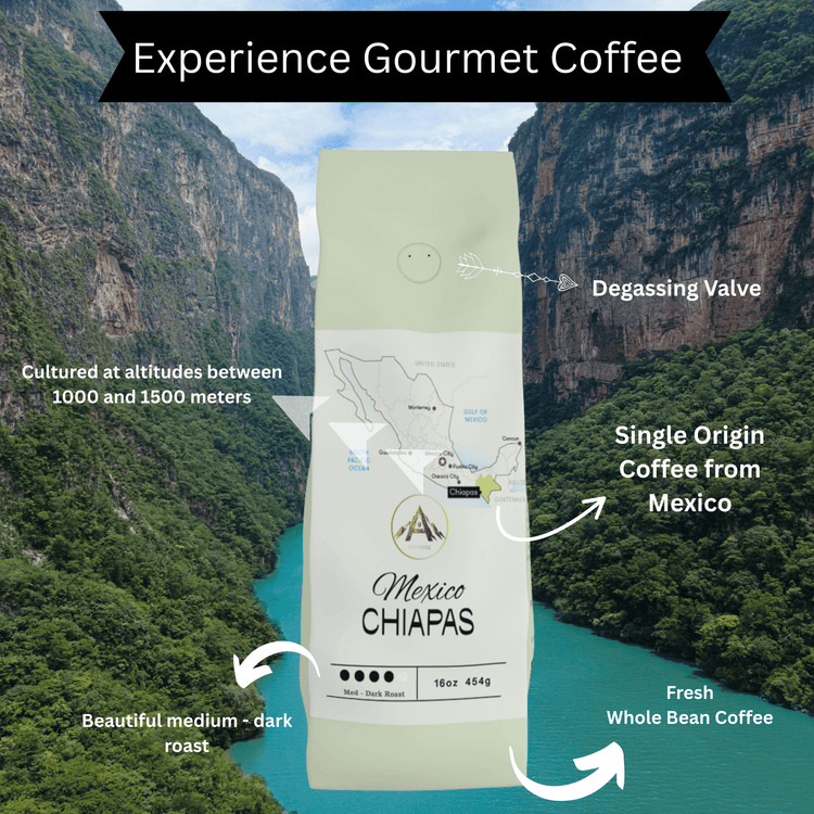Mexico Chiapas gourmet coffee bag featuring dark roast and notes of nutty sweetness against a scenic backdrop.
