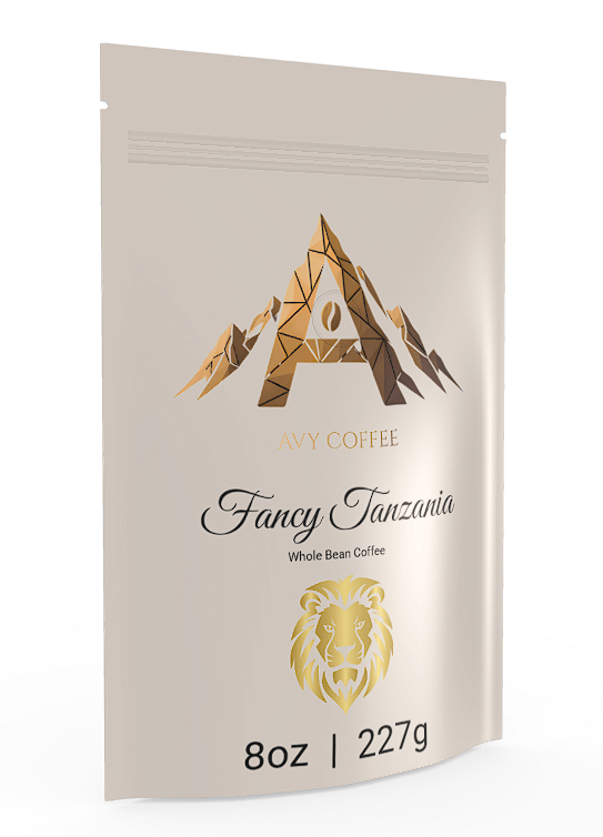 Fancy Tanzania whole bean coffee packaging featuring the Ayv Coffee logo and mountain design.