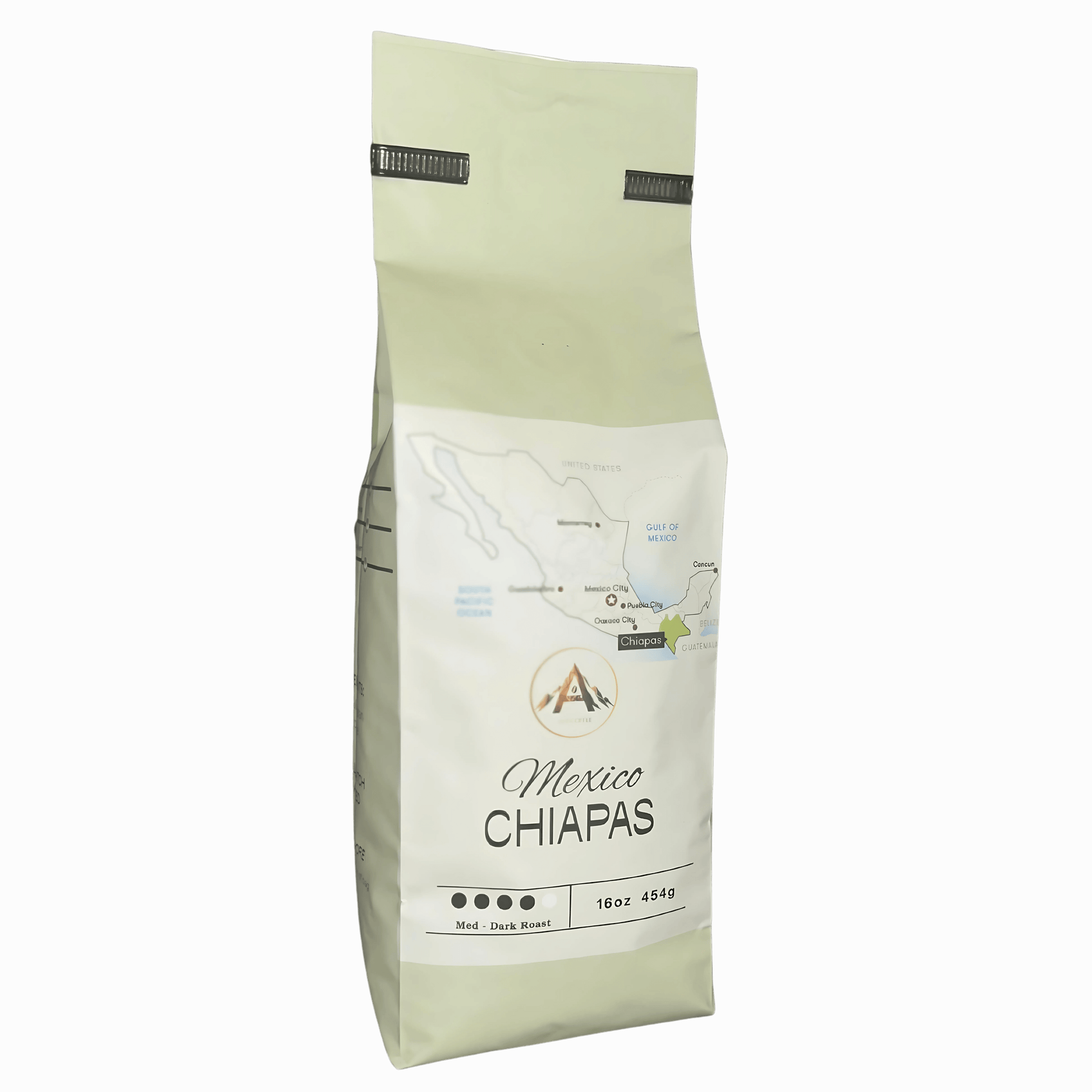 Bag of Mexico Chiapas organic coffee, a premium dark roast from the highlands of Mexico.