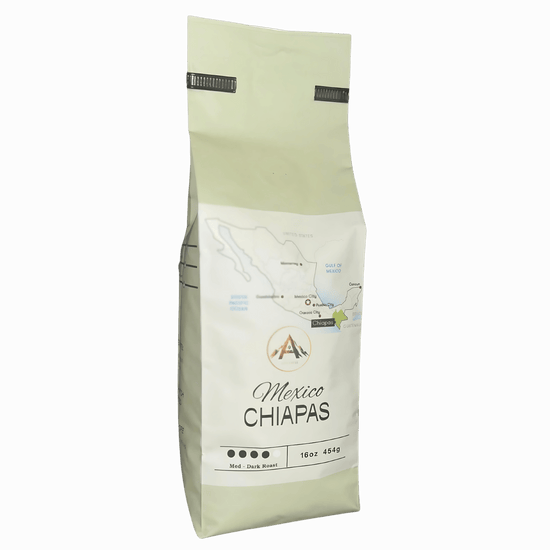 Bag of Mexico Chiapas organic coffee, a premium dark roast from the highlands of Mexico.