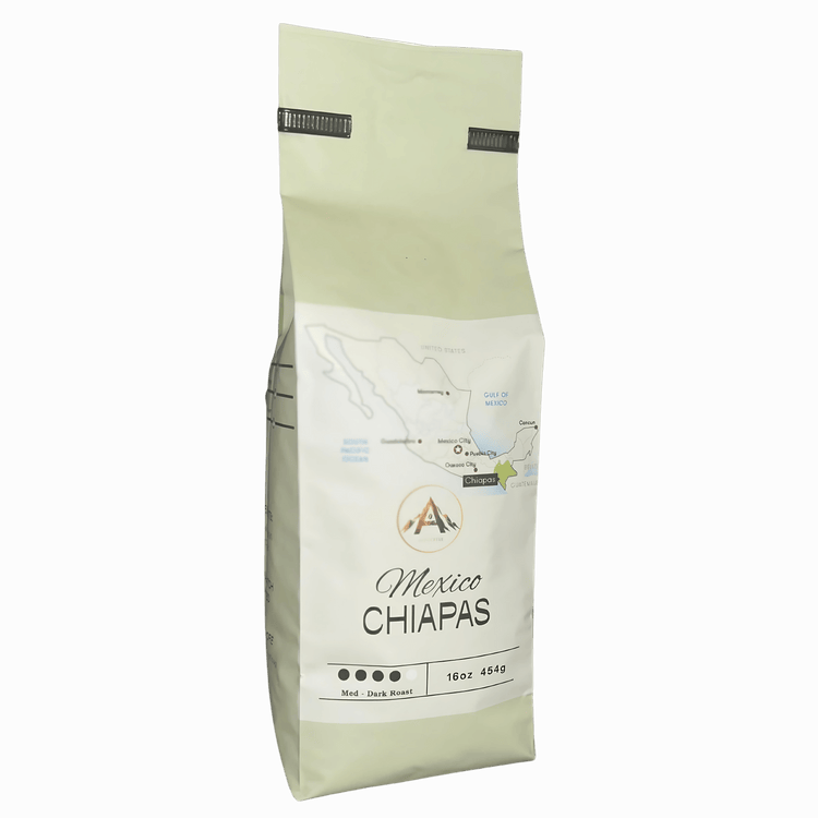 Bag of Mexico Chiapas organic coffee, a premium dark roast from the highlands of Mexico.