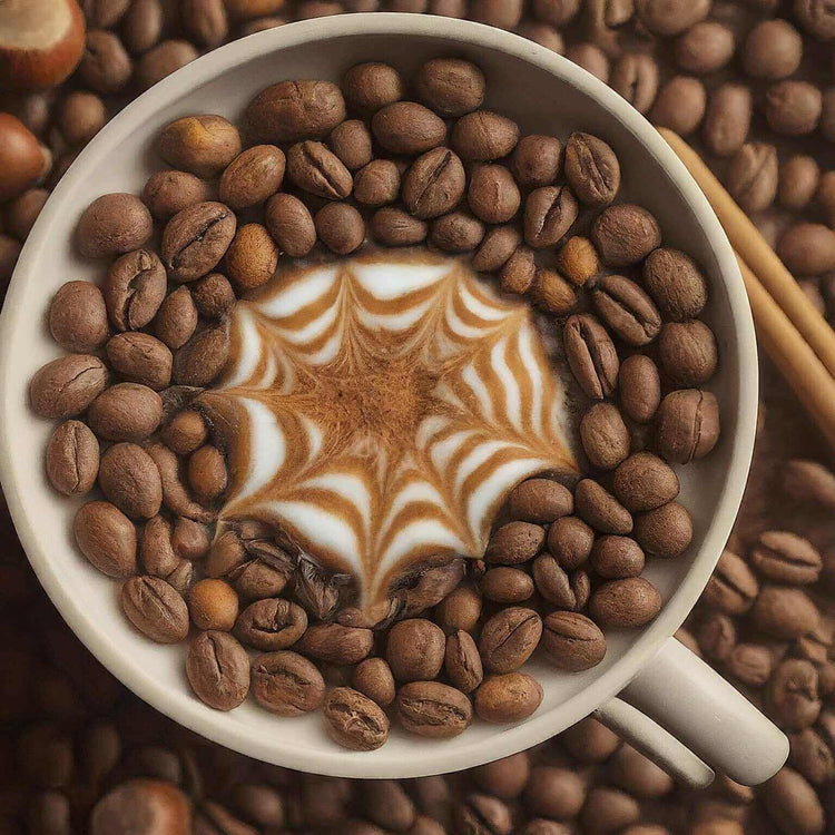 A creatively presented coffee cup surrounded by roasted coffee beans, showcasing a unique latte art pattern.