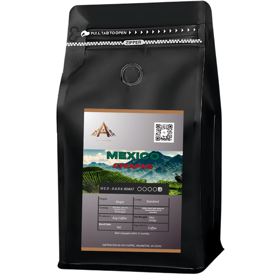 Bag of Mexico Chiapas dark roast coffee, featuring a scenic mountain design and details on flavor profile.