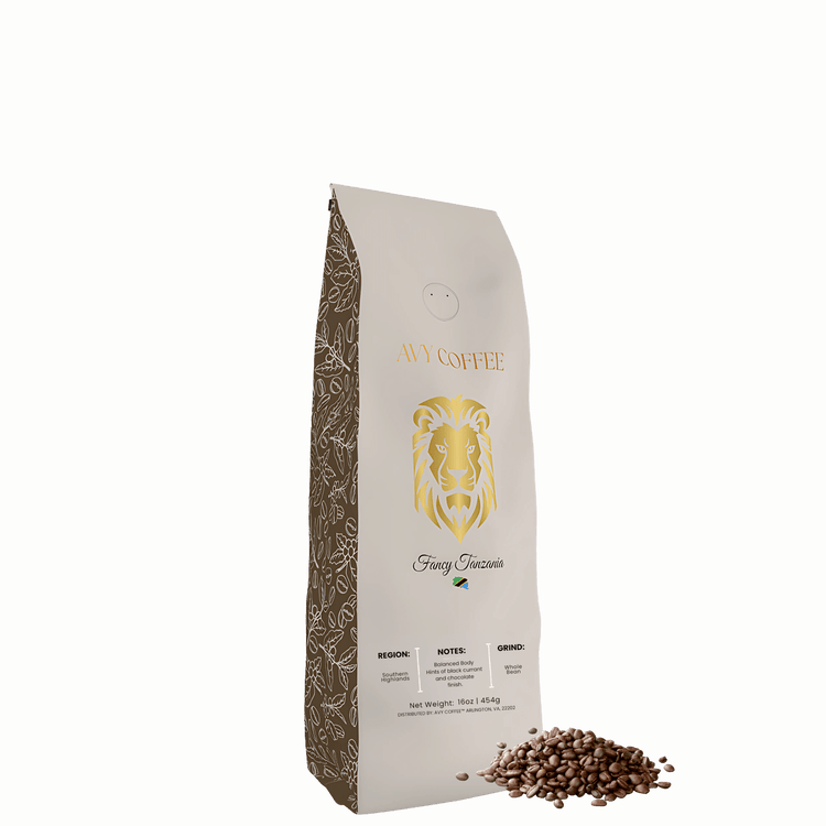 Fancy Tanzania coffee bag featuring Medium-Dark Roast from Mount Meru with premium quality beans.