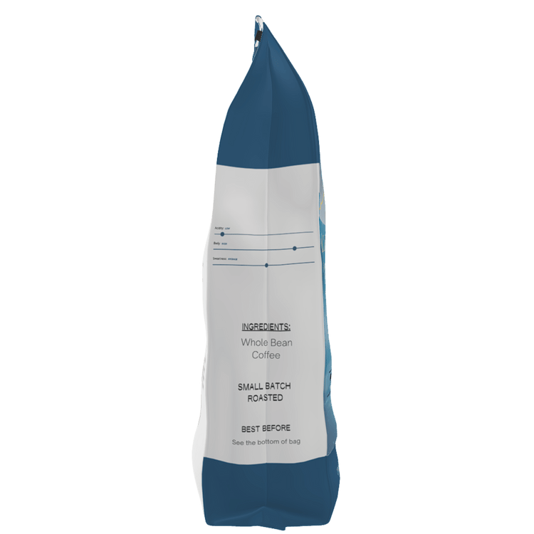 Bali Blue Coffee whole bean bag side view showing ingredients, small batch roasted, and best before date.