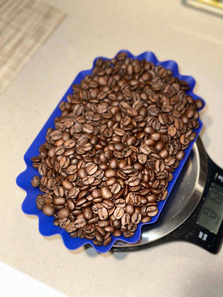 Zam Power Fazenda Mayara Dark Roast coffee beans on a scale, showcasing rich, dark roast coloring.