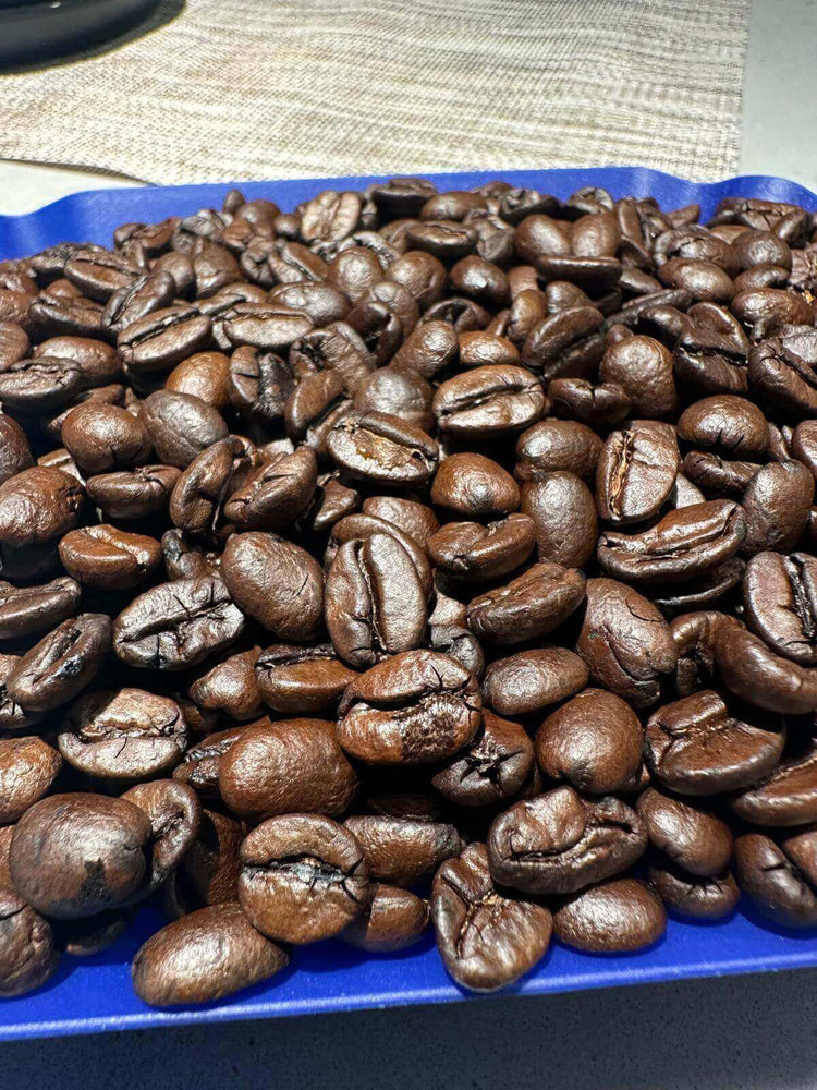 Zam Power Fazenda Mayara Dark Roast coffee beans on a blue tray, emphasizing rich flavors and quality.