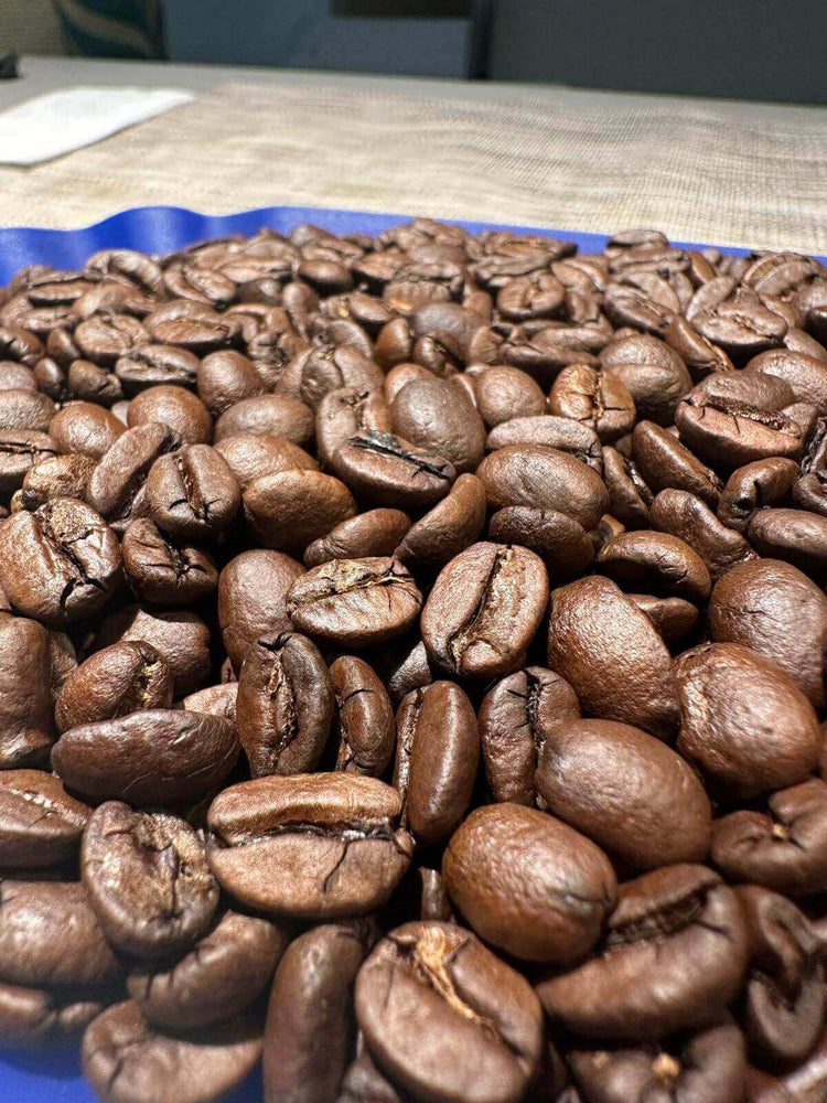 Close-up of Fazenda Mayara Dark Roast coffee beans showcasing rich textures for Zam Power.