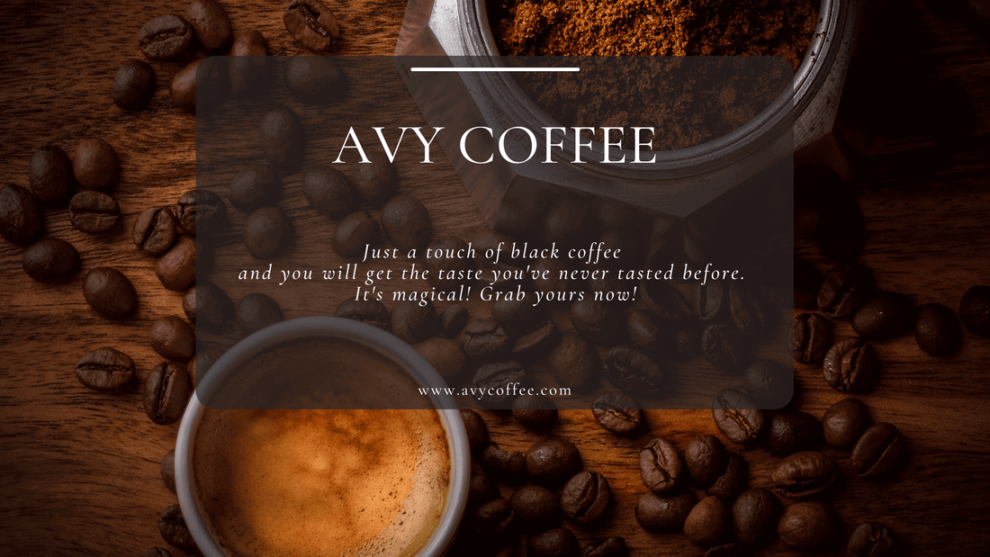 Avy Coffee promotional image featuring coffee beans, ground coffee, and a cup of rich black coffee.