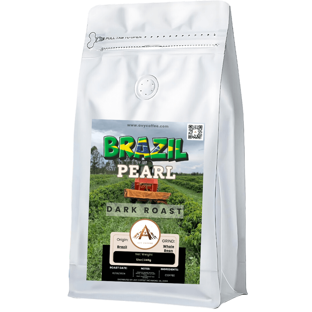 Dark Single Origin coffee bag featuring Brazil Pearl Dark Roast with a vibrant label and scenic background.