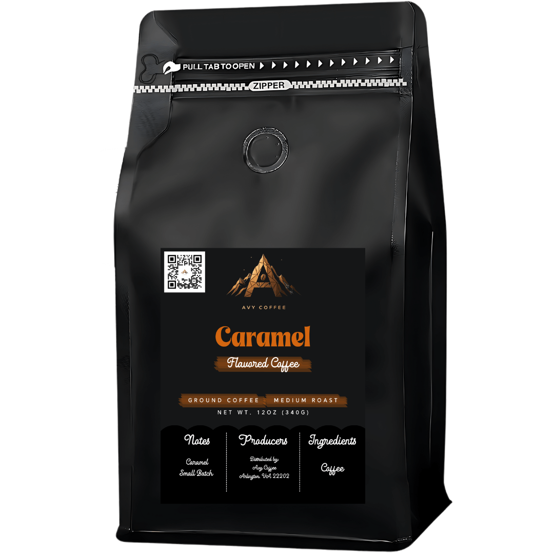 Caramel Flavored Medium Roast coffee bag showcasing rich flavors and medium roast blend, perfect for coffee lovers.