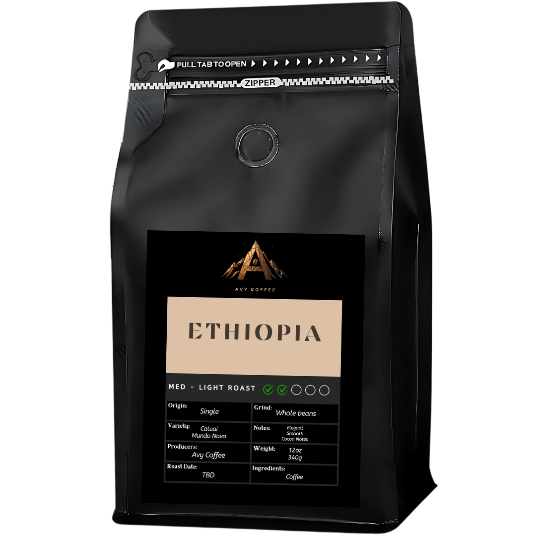 Light Roast Single Origin coffee bag featuring Ethiopian coffee, showcasing a sleek black design and labeled details.