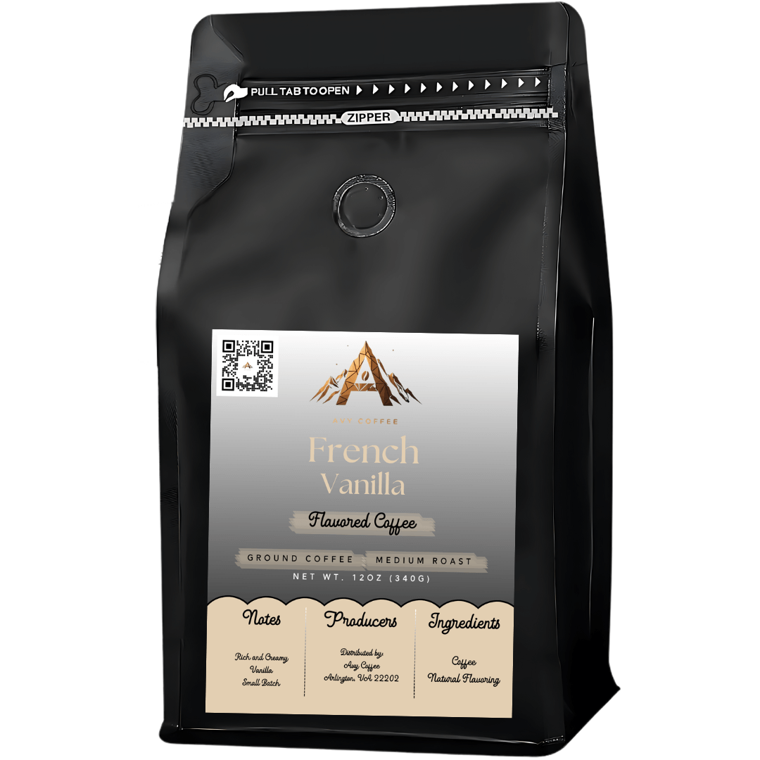 Black coffee bag labeled French Vanilla Flavored Coffee, showcasing medium roast and ingredients.