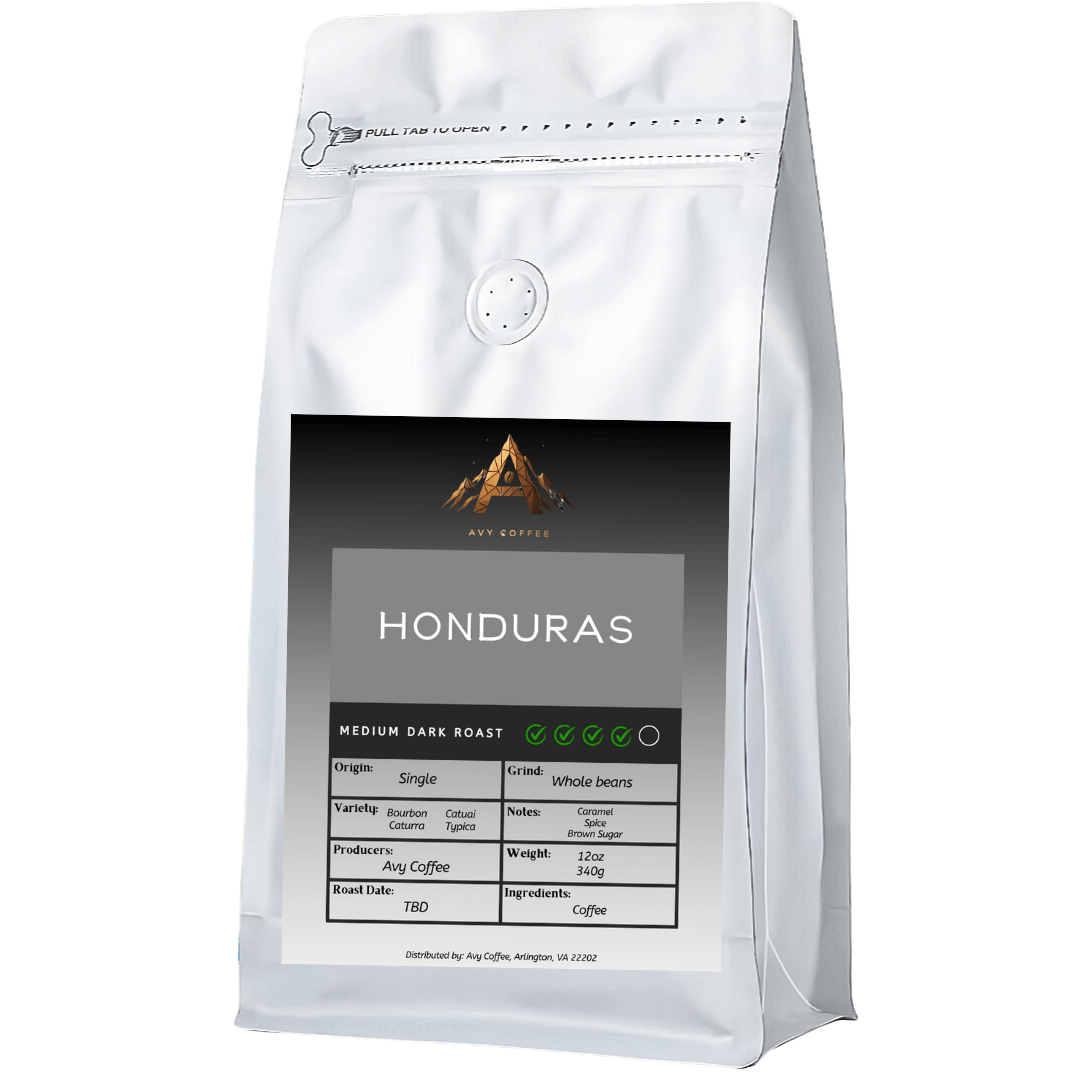 Medium-Dark Single Origin coffee bag labeled Honduras, featuring details of origin and roast profile.