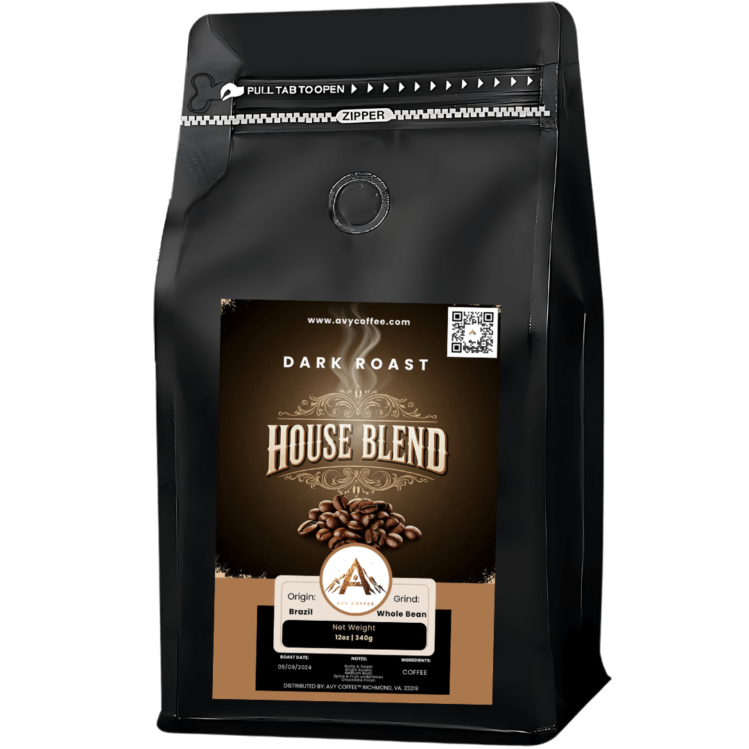 House Blend coffee bag featuring Dark Roast, sourced from Brazil, with whole coffee beans inside.