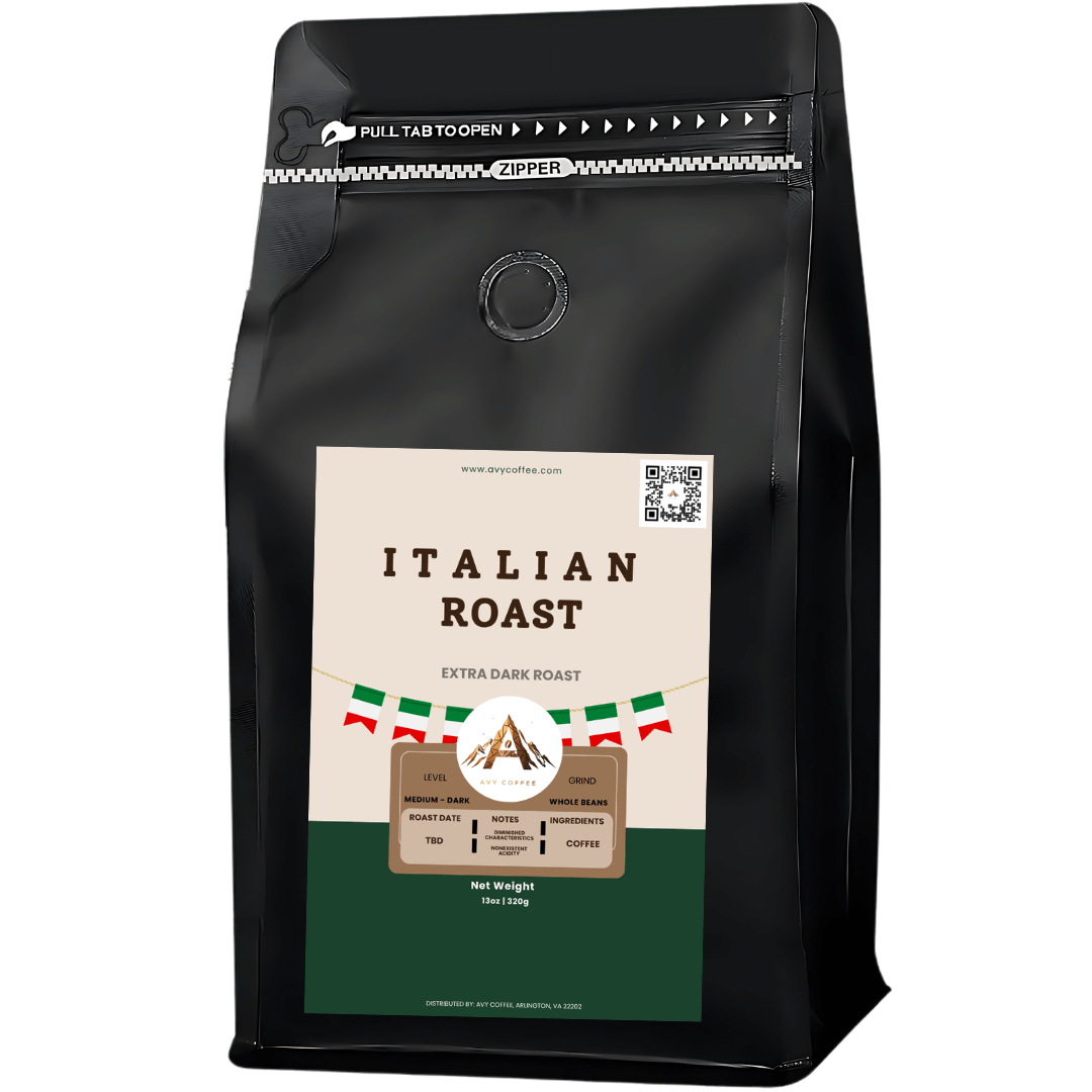 Package of Italian Roast Extra Dark Roast coffee blend, showcasing a rich dark roast flavor profile.