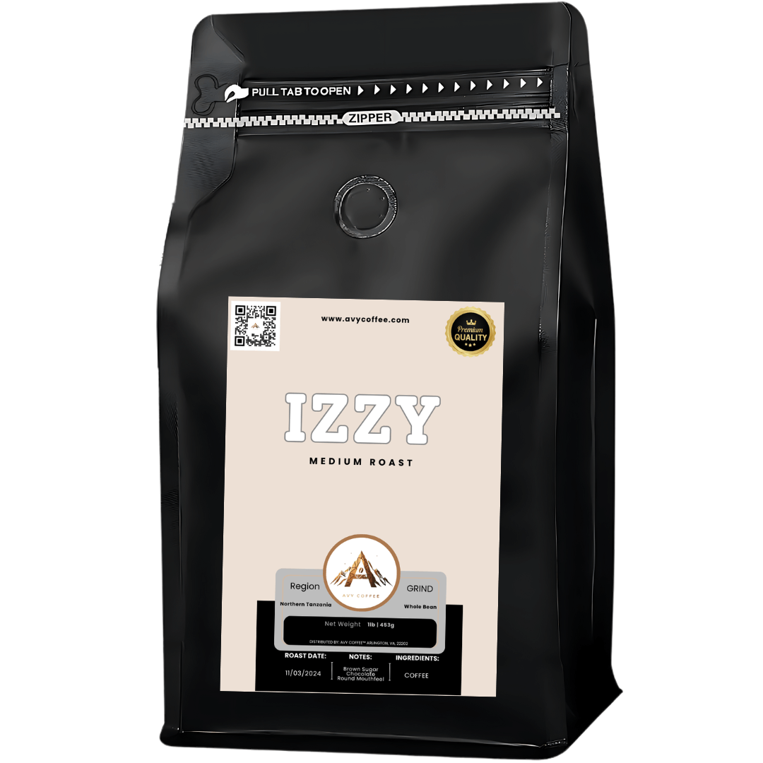 Izzy Medium Roast coffee bag featuring a sleek black design, highlighting its quality and roast level.