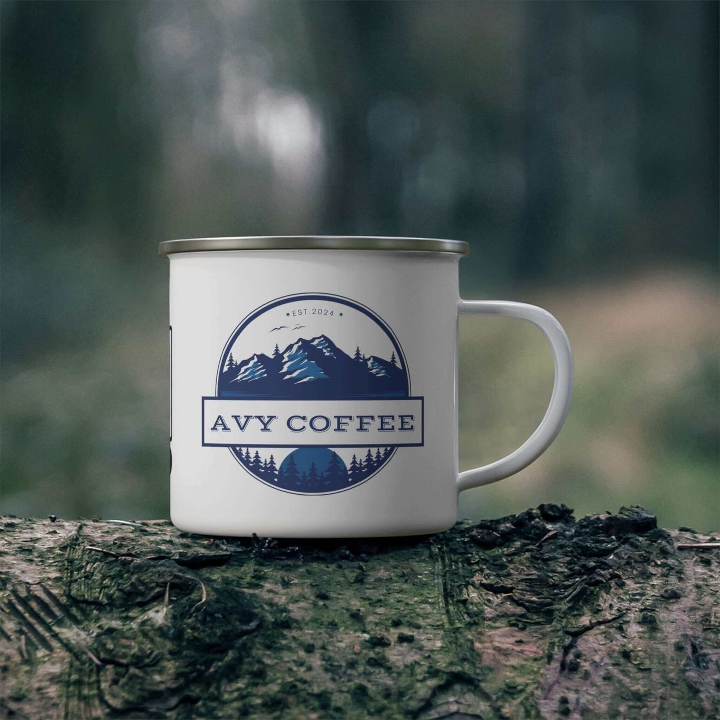 Enamel Camping Mug with Avy Coffee logo on a forest background