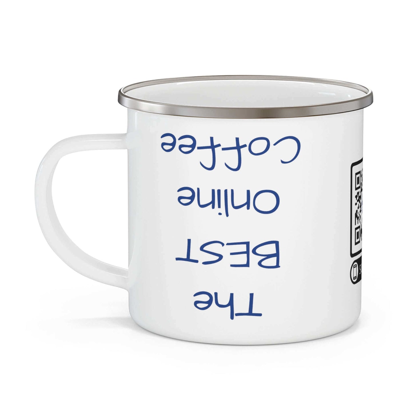 Durable 12oz enamel camping mug with personalized full-color print, perfect for coffee, tea, or cereal, featuring "The BEST Online Coffee" text.