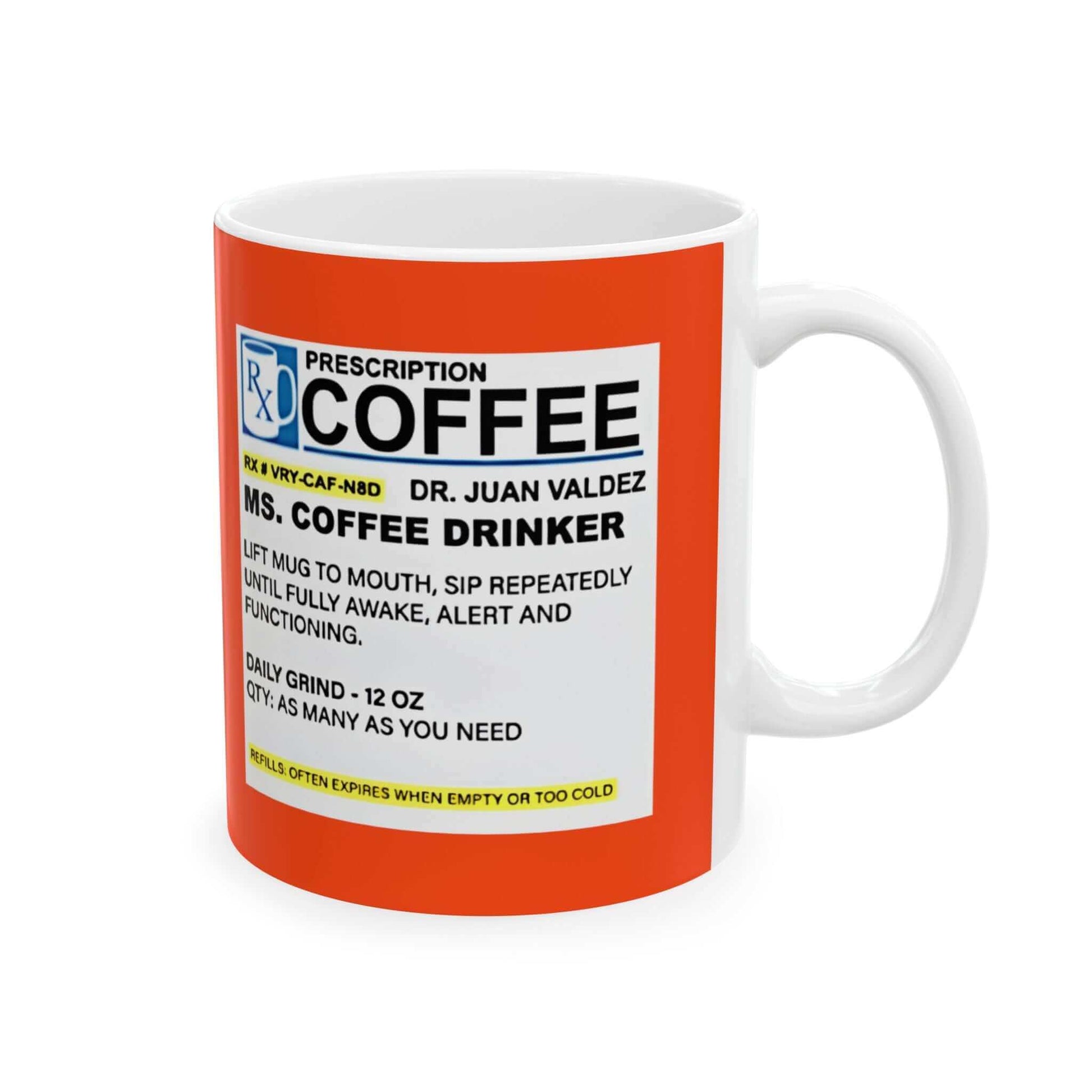 Prescription Coffee Mug - For Her (11oz, 15oz) with humorous label design on white ceramic, perfect gift for coffee lovers.