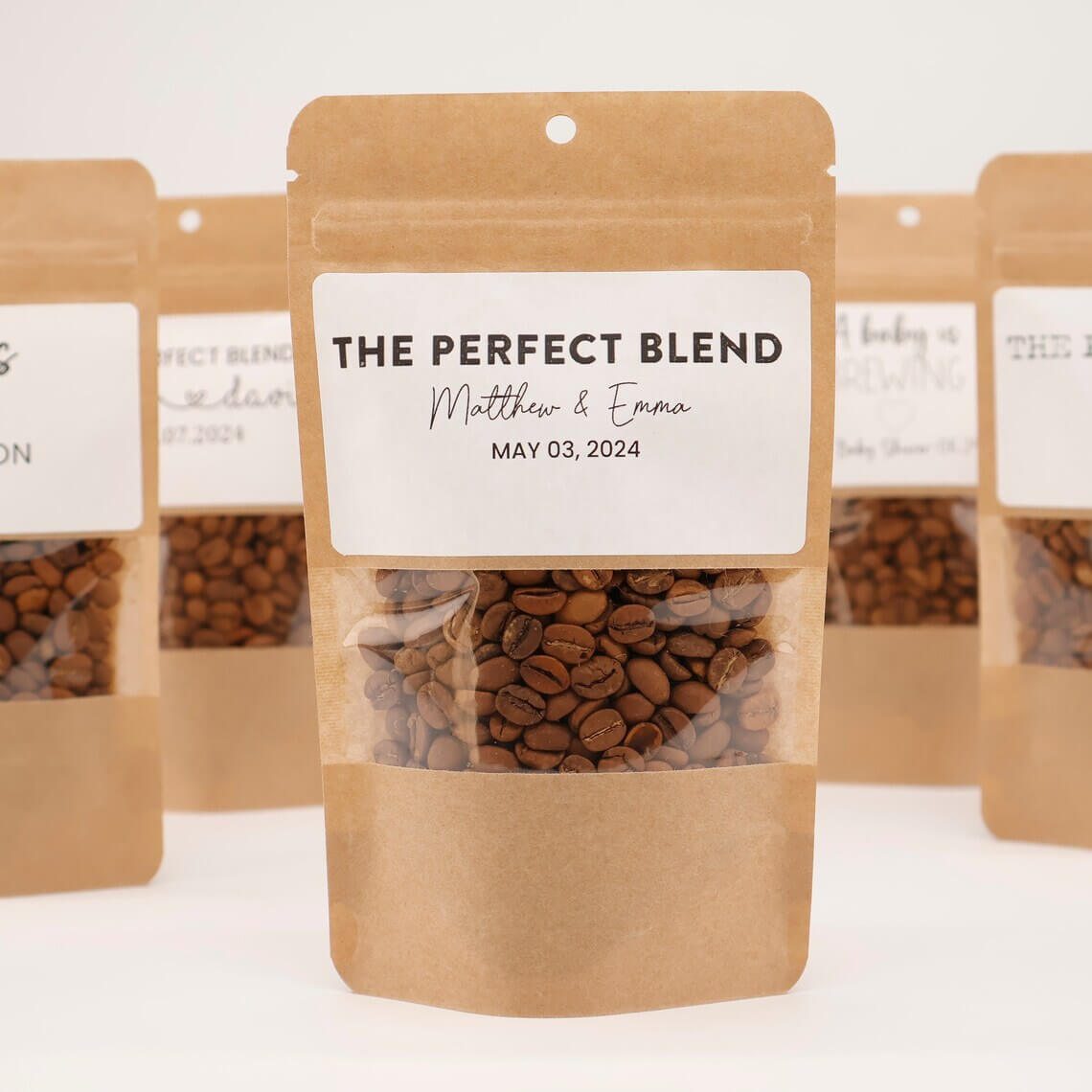 Wedding & Event Favors: personalized coffee bags with names and wedding date, perfect for guest gifts.