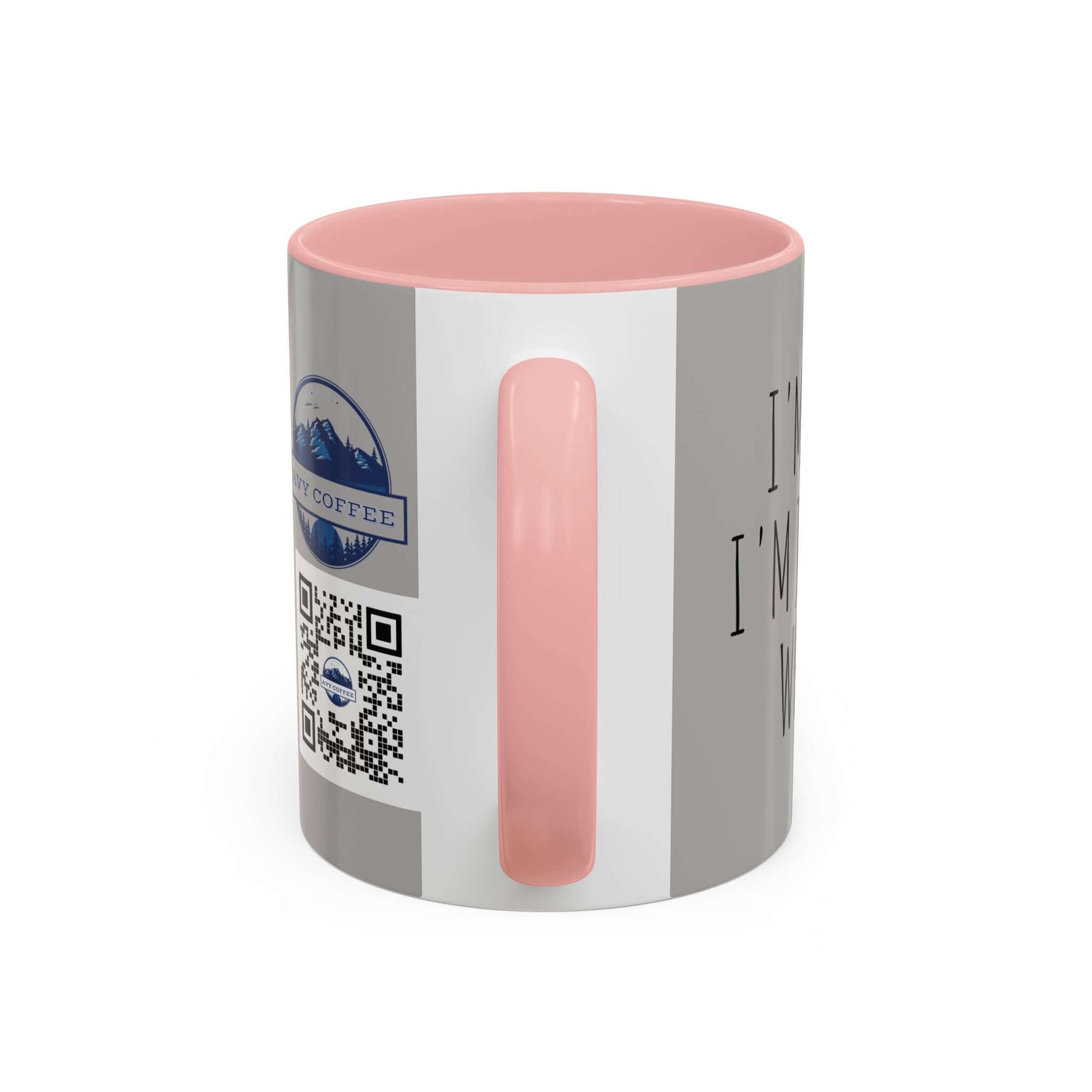 Why I am Right Coffee Mug (11oz & 15oz) with pink handle and interior, showcasing a sleek glossy finish and QR code design.